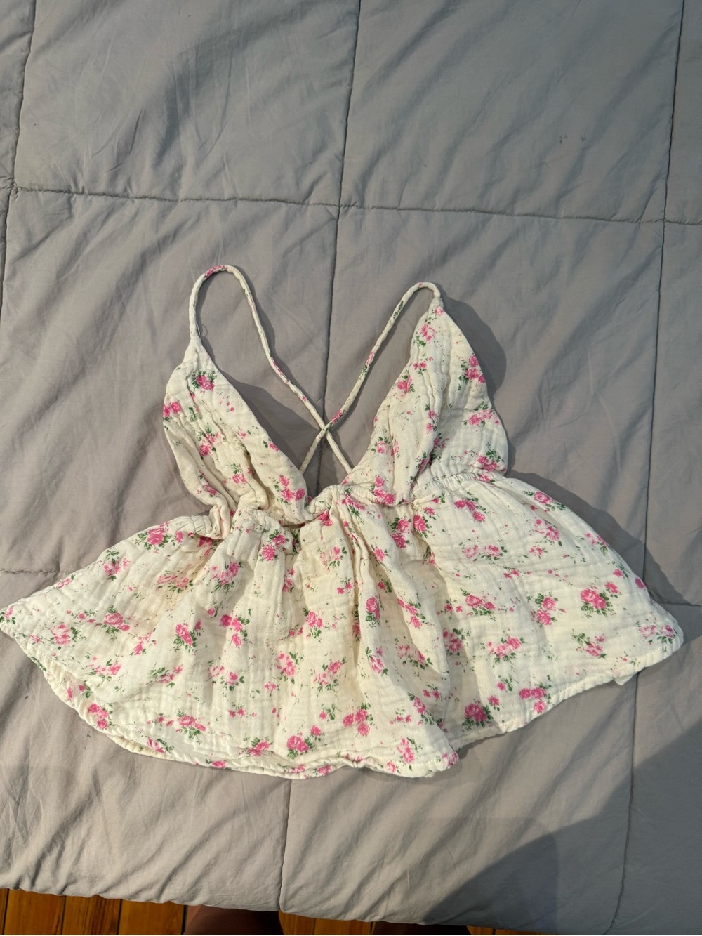 Women’s Floral Peplum Cami Top - White with Pink Roses
